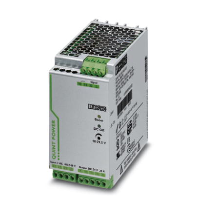 Phoenix Contact Switching Power Supply; QUINT-PS/ 3AC/24DC/20/CO; 24VDC OUT; 20A; 320-575VAC / 450-800VDC IN; Single Phase; DIN Rail Mount; Metal Frame